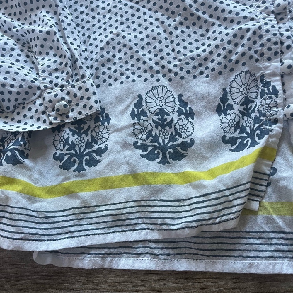 Lucky Brand Polka Dot Floral Border Button Down Top White Blue Yellow Small - Picture 5 of 5